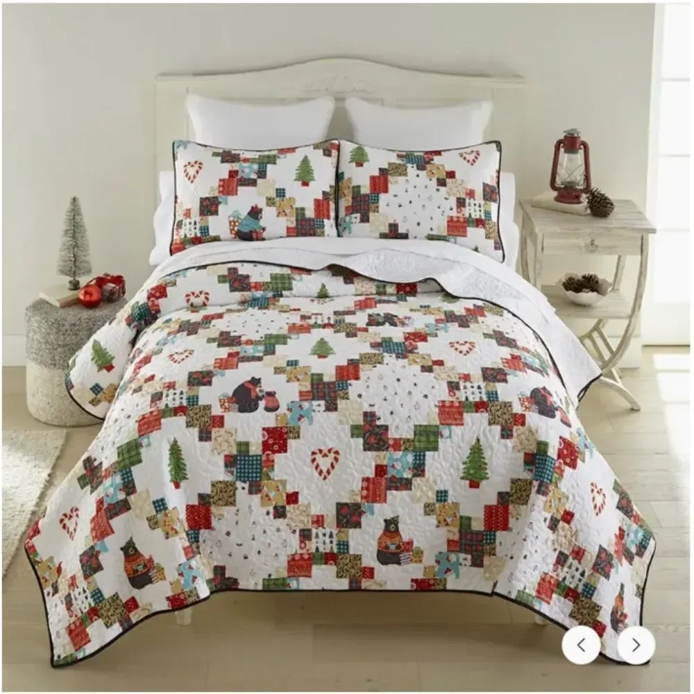 Christmas Holiday Printed Patchwork King Comforter Set Festive Vintage Whimsical